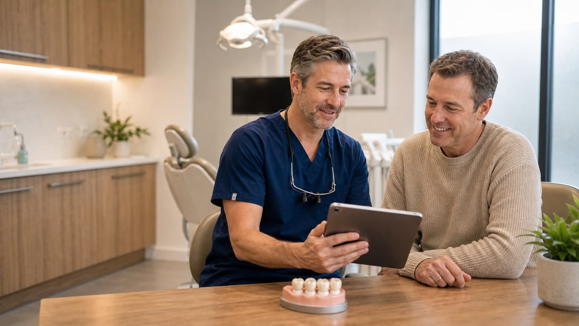 Dentist examining a custom denture while reassuring a patient at Joyner Family Dental