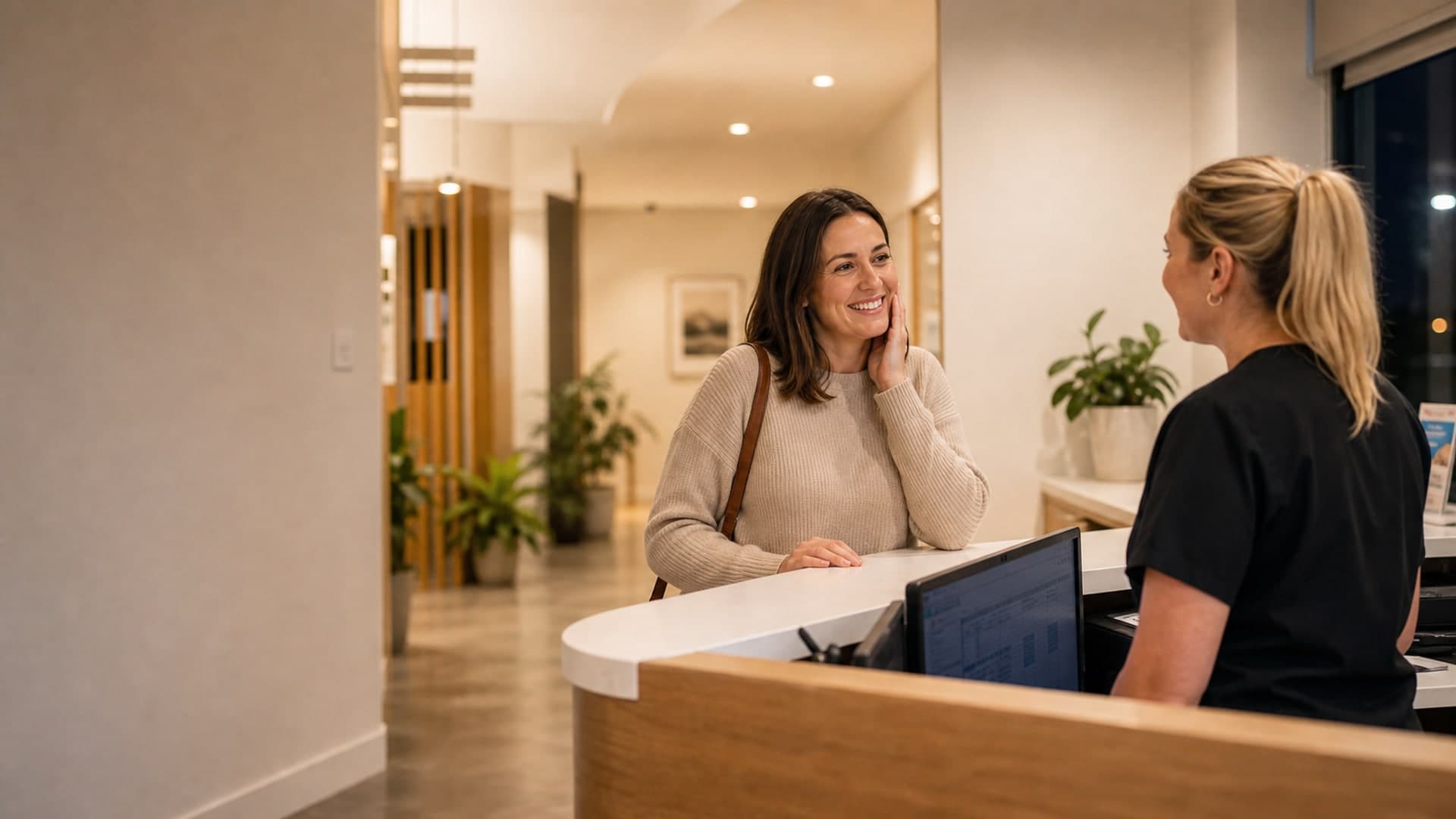 Emergency dentist standing ready at reception, warm reassuring expression