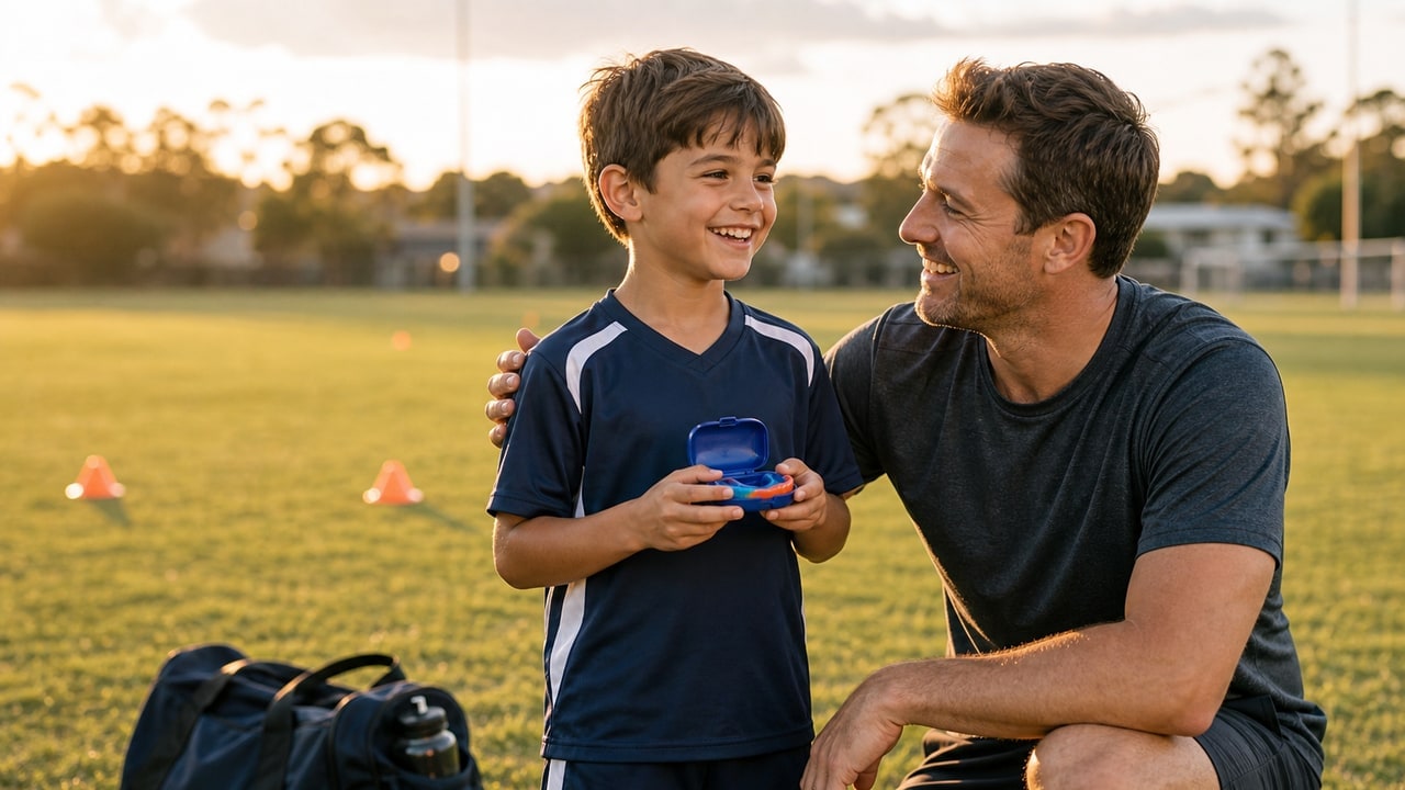 Parent and child holding a sports mouthguard case at training