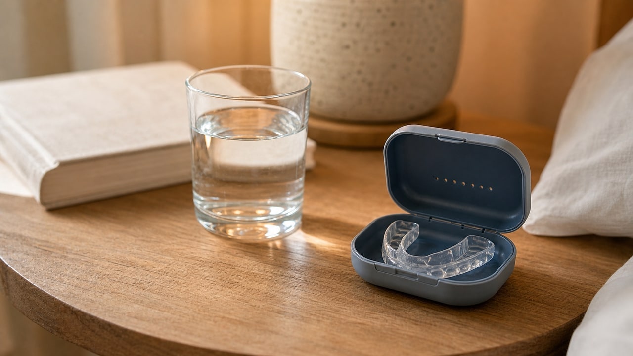 Night guard stored in a protective case on a bedside table