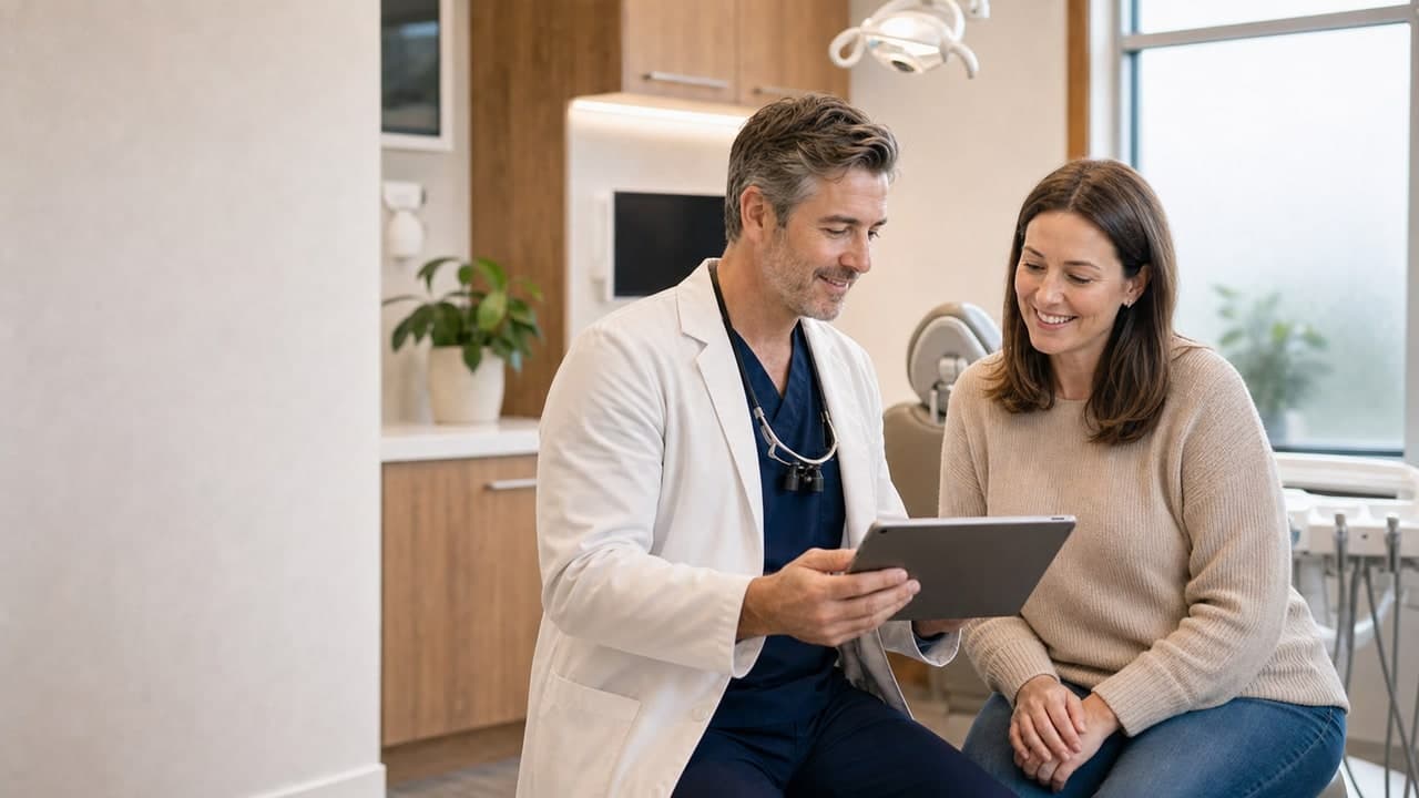 Dentist explaining root canal treatment options on a tablet