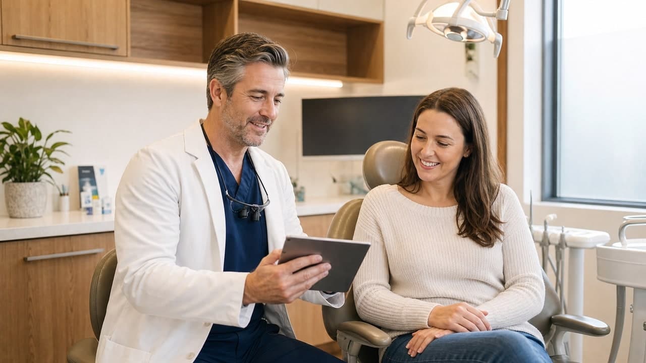 Dentist and patient reviewing dental x-rays
