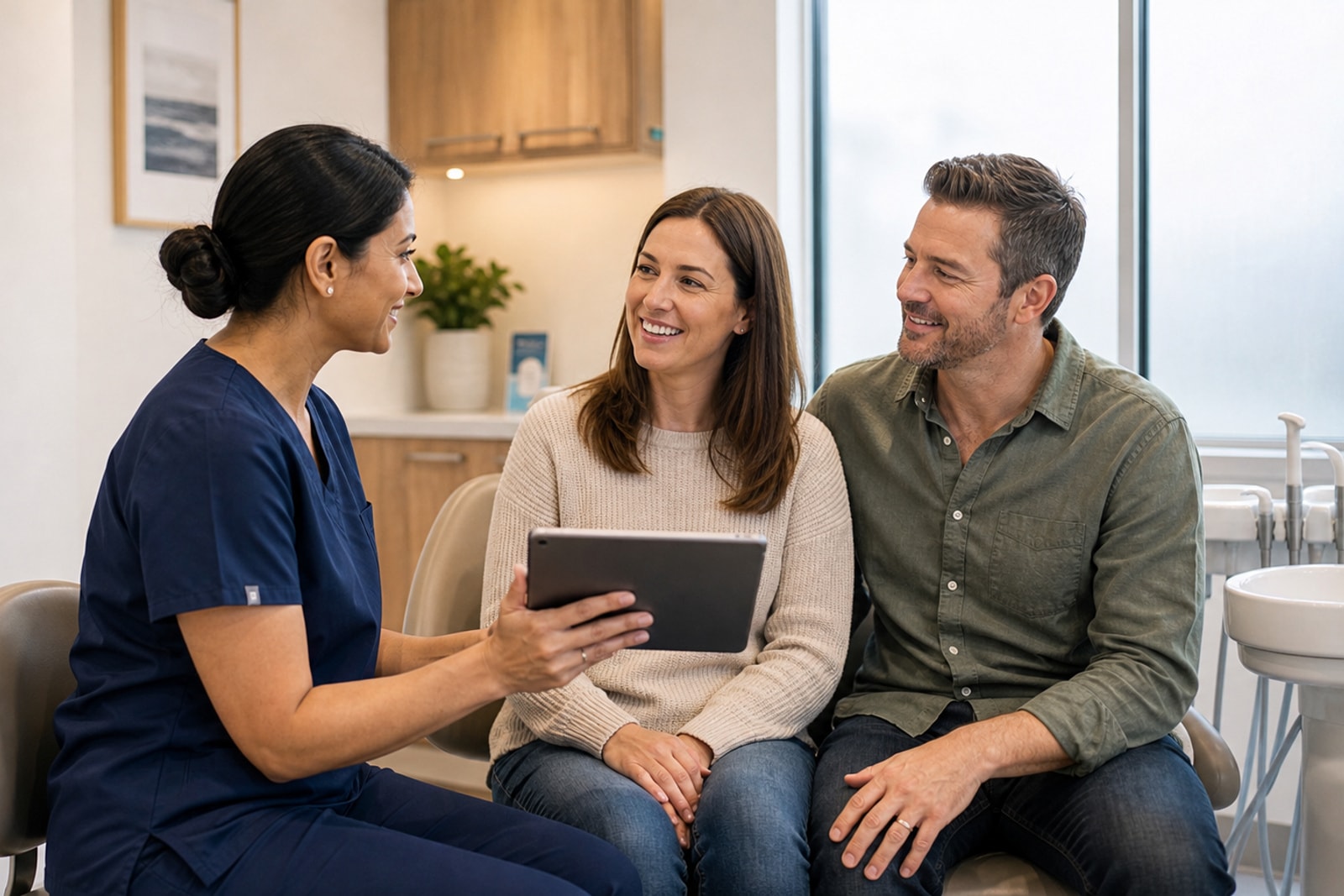 Dentist and patients reviewing denture options in a consultation room