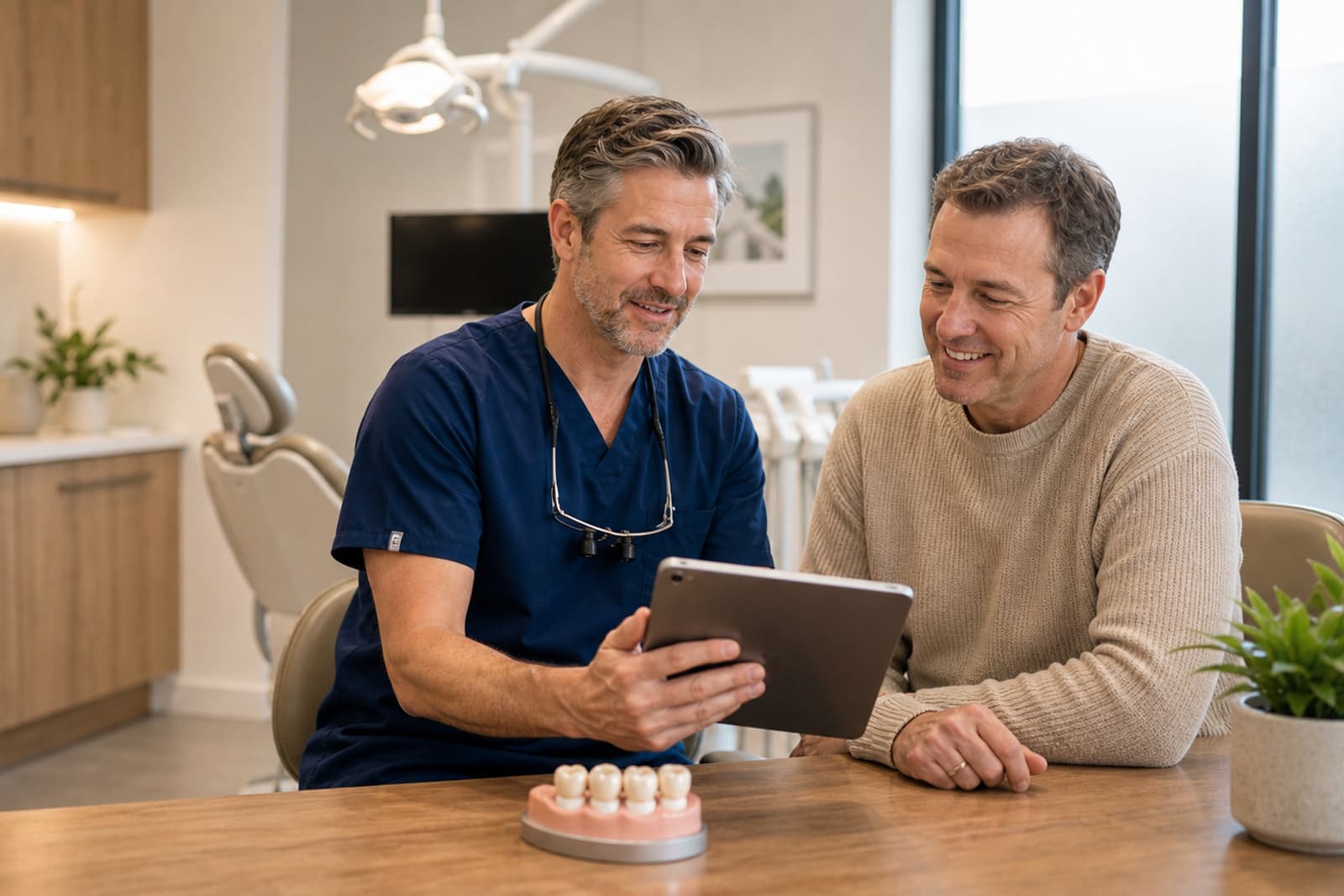 Patient trying wax denture model for fit and appearance check
