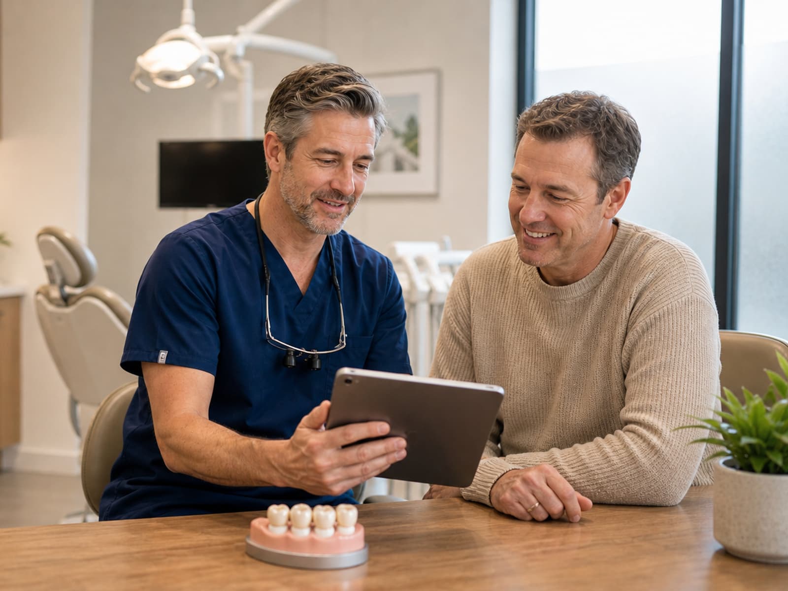 Dentist explaining the planned tooth-coloured filling steps on a tablet