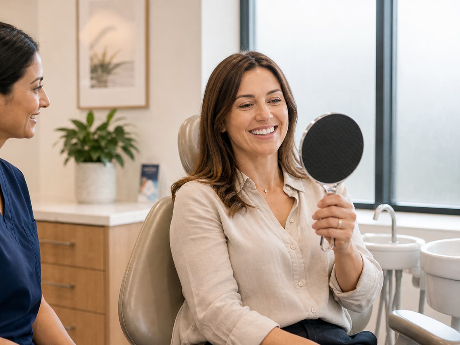 Patient smiling after reviewing their tooth-coloured filling plan