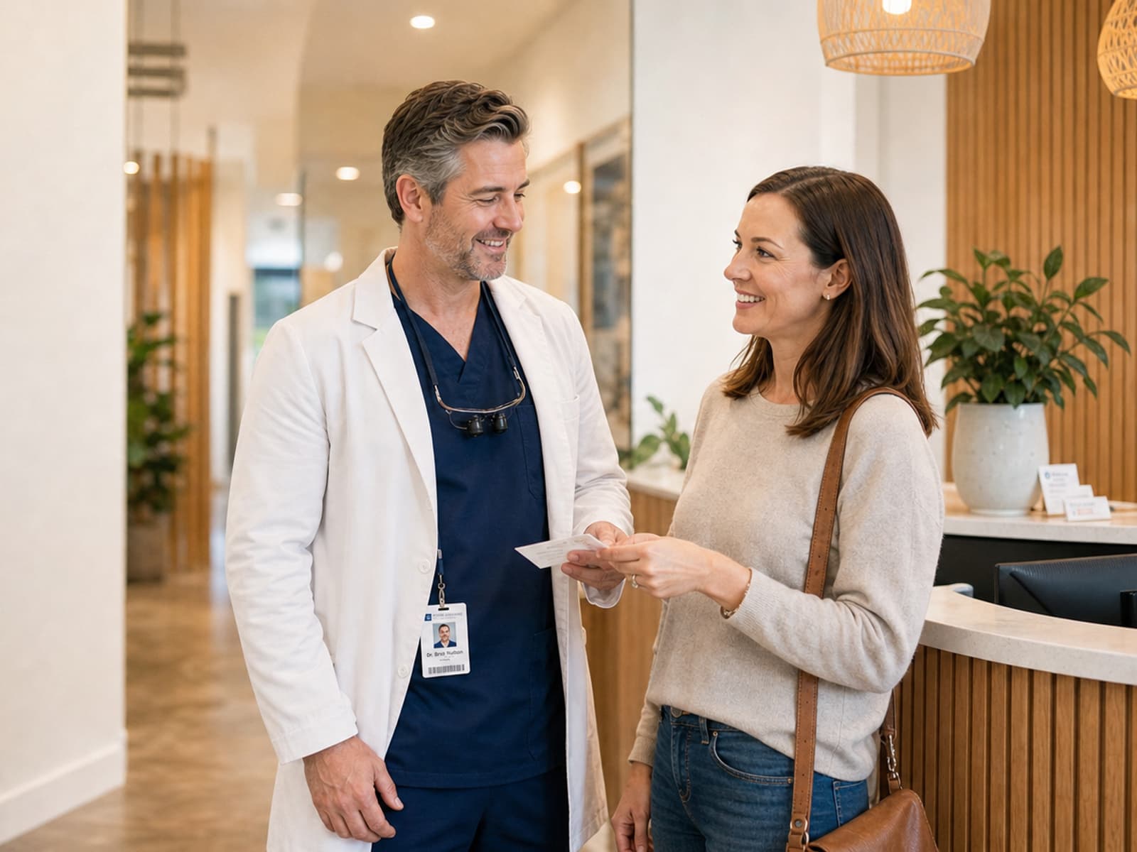 Patient checking comfort after a tooth-coloured dental filling appointment