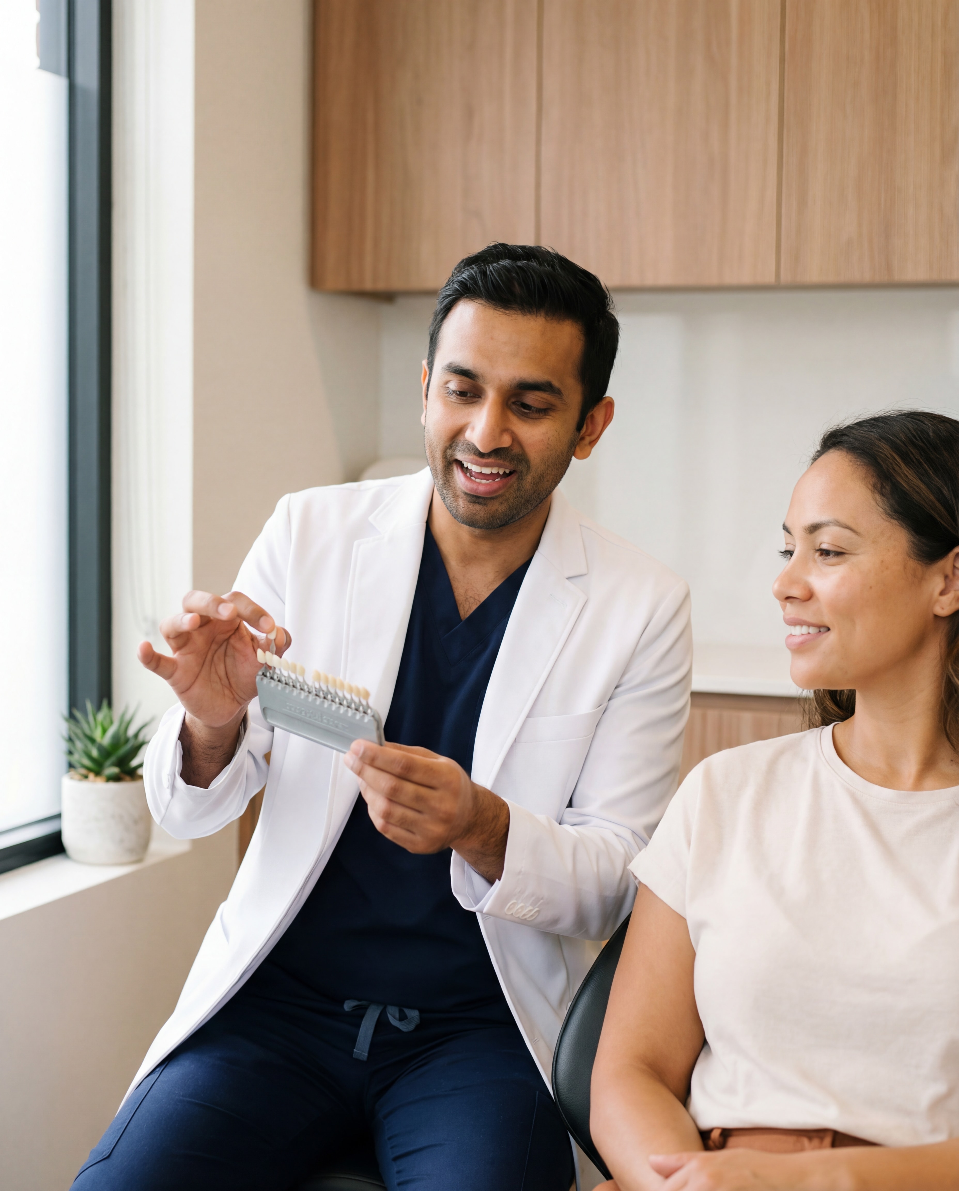 Dentist reviewing a professional whitening shade guide with a patient