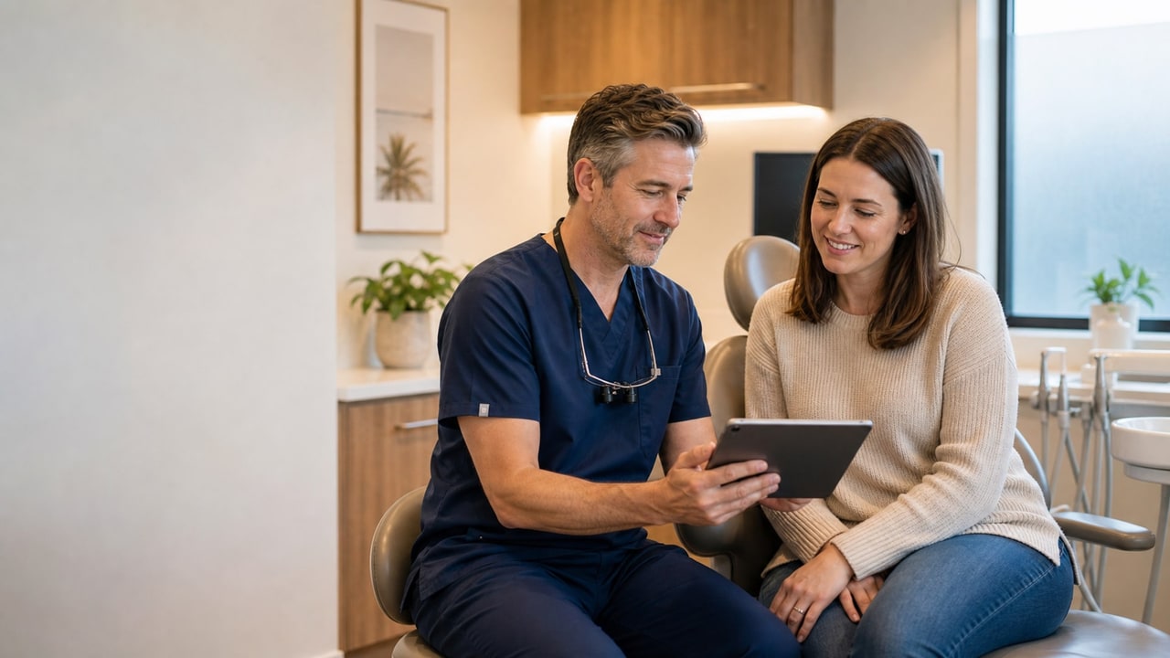 Dentist explaining dental X-ray to patient at Joyner Family Dental